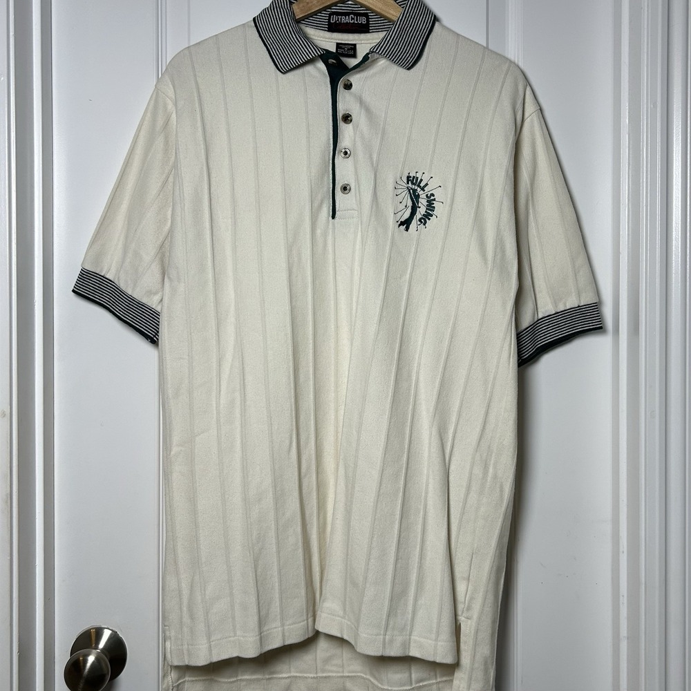 UltraClub Vintage 90s‎ Made in USA Cream Full Swing Golf Embroidered Polo Shirt